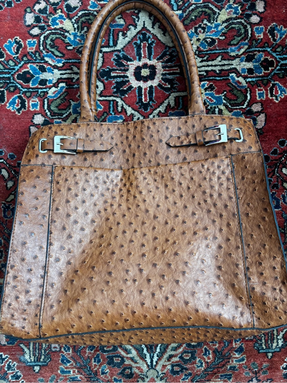 Textured Tote Handbag in Tan with Buckle Accents